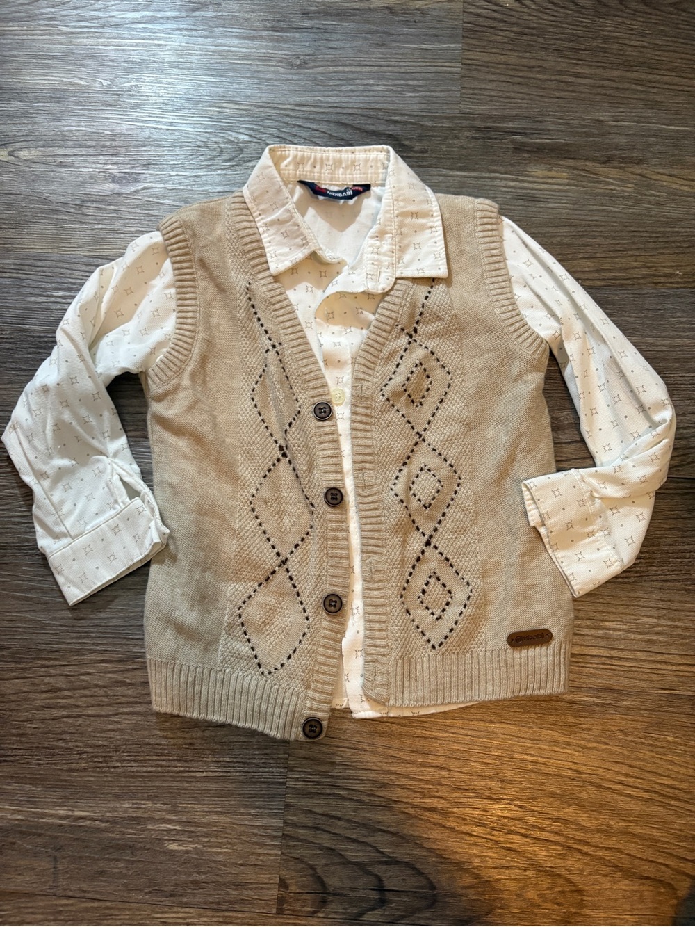 Tan Knit Vest Button-Down Shirt Set for Kids